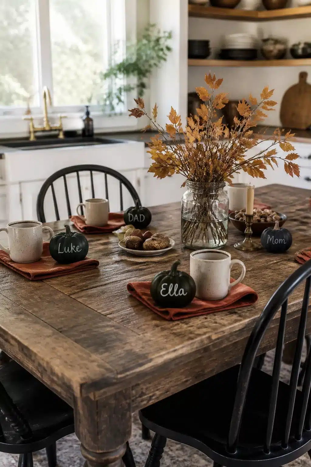 Fall kitchen table decor with black chalkboard pumpkin place cards, rust napkins, and dried branch centerpiece
