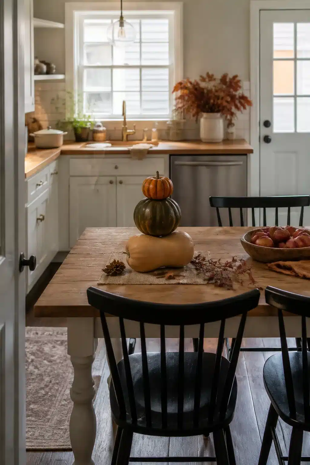 Fall kitchen table decor with stacked heirloom squash tower on a rustic wood farm table