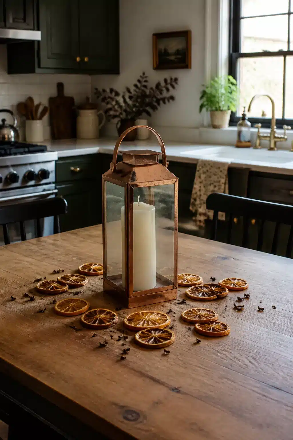 Fall Kitchen Table Decor with copper lantern, pillar candle, and dried orange slices on a rustic wood table