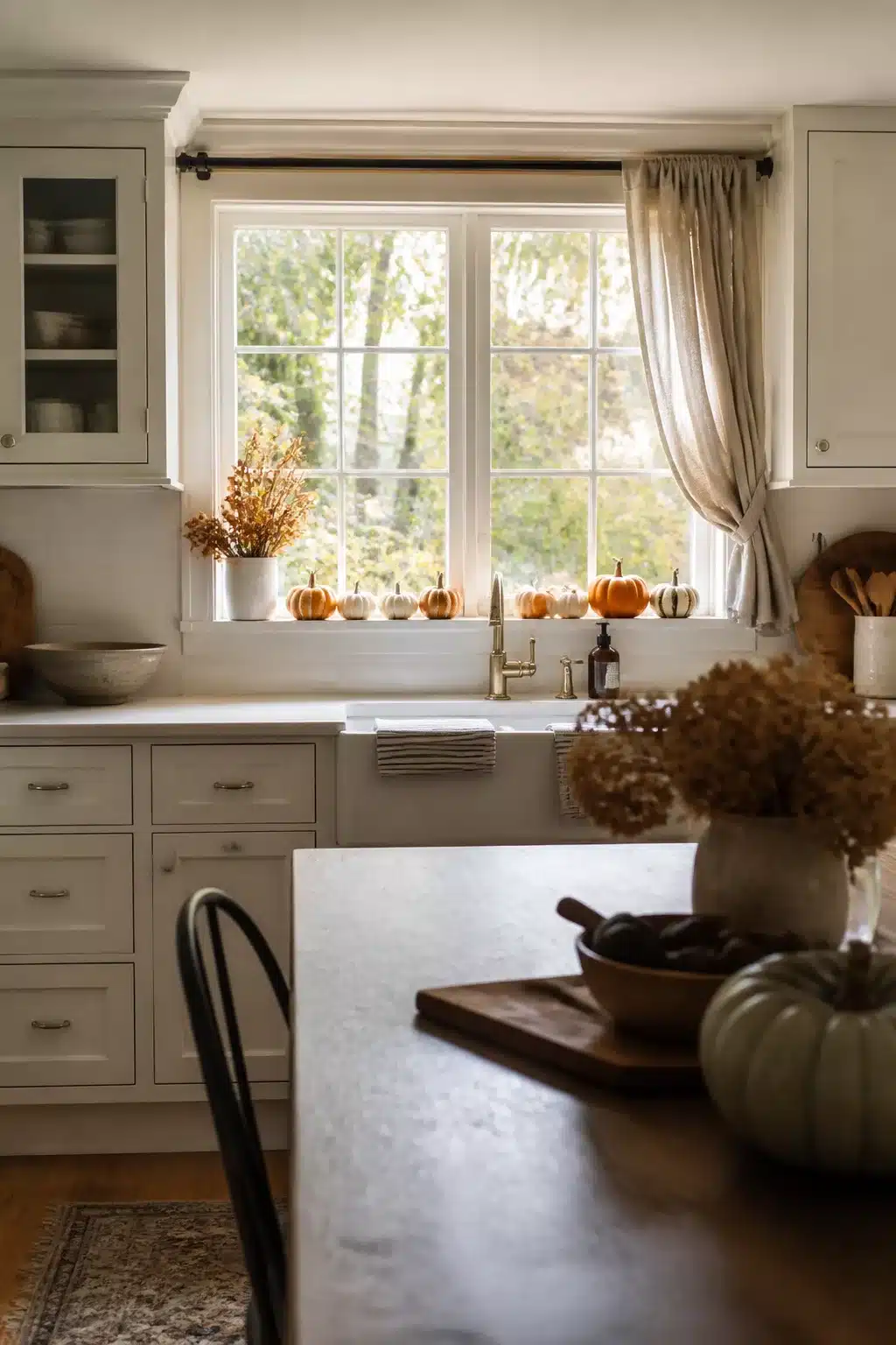 Fall kitchen window decor ideas featuring a row of mini orange and white pumpkins on a bright farmhouse windowsill.