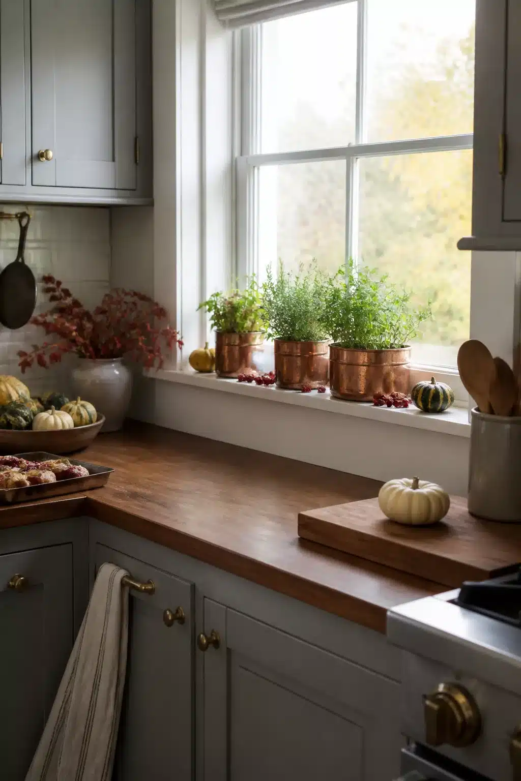 Fall kitchen window decor ideas with fresh herbs growing in copper pots on a white windowsill above butcher block counters.