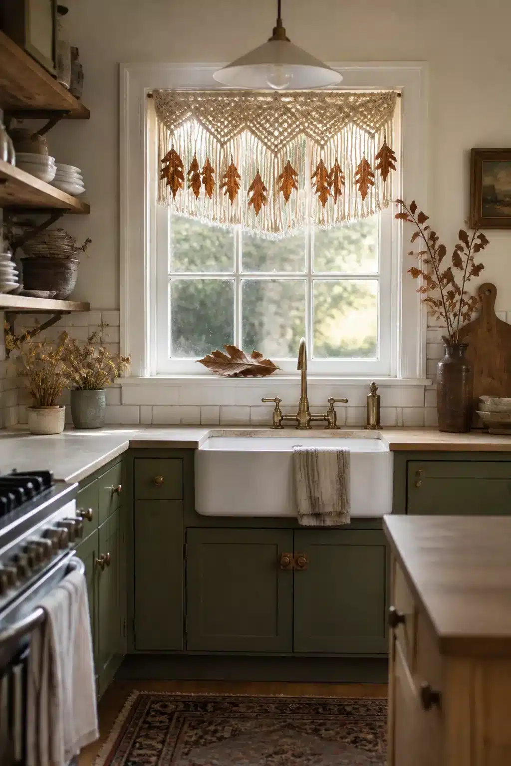 Fall kitchen window decor ideas: macrame valance with dried oak leaves over a farmhouse sink and olive cabinets.
