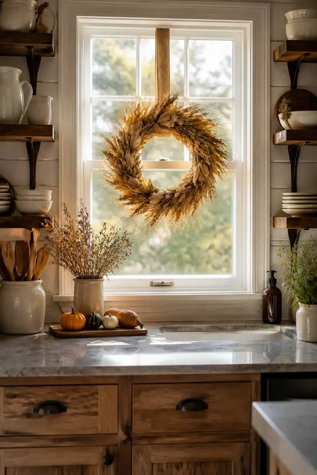 Fall kitchen window decor ideas featuring a dried wheat wreath hung with burlap ribbon over a marble countertop sink.
