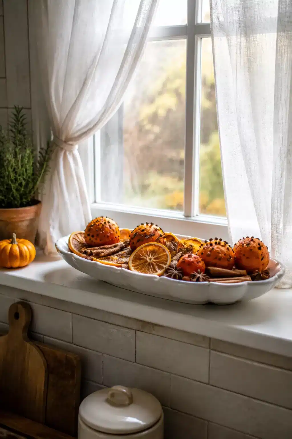 Fall kitchen window decor ideas: clove-studded oranges, dried citrus slices, cinnamon sticks, and star anise in a white ceramic tray on a windowsill.