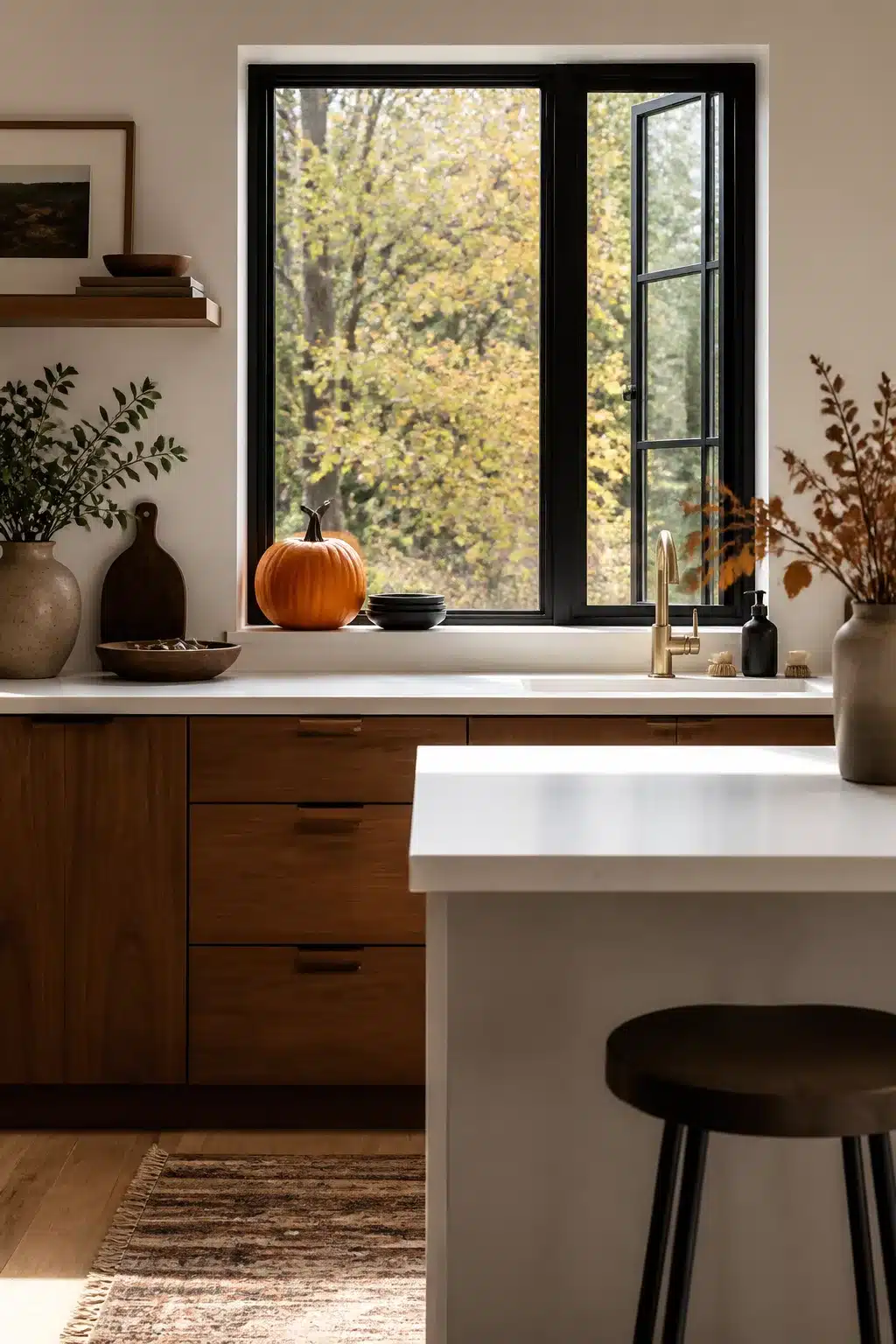 Fall kitchen window decor ideas: black steel frame window with single orange pumpkin on white sill and walnut cabinets
