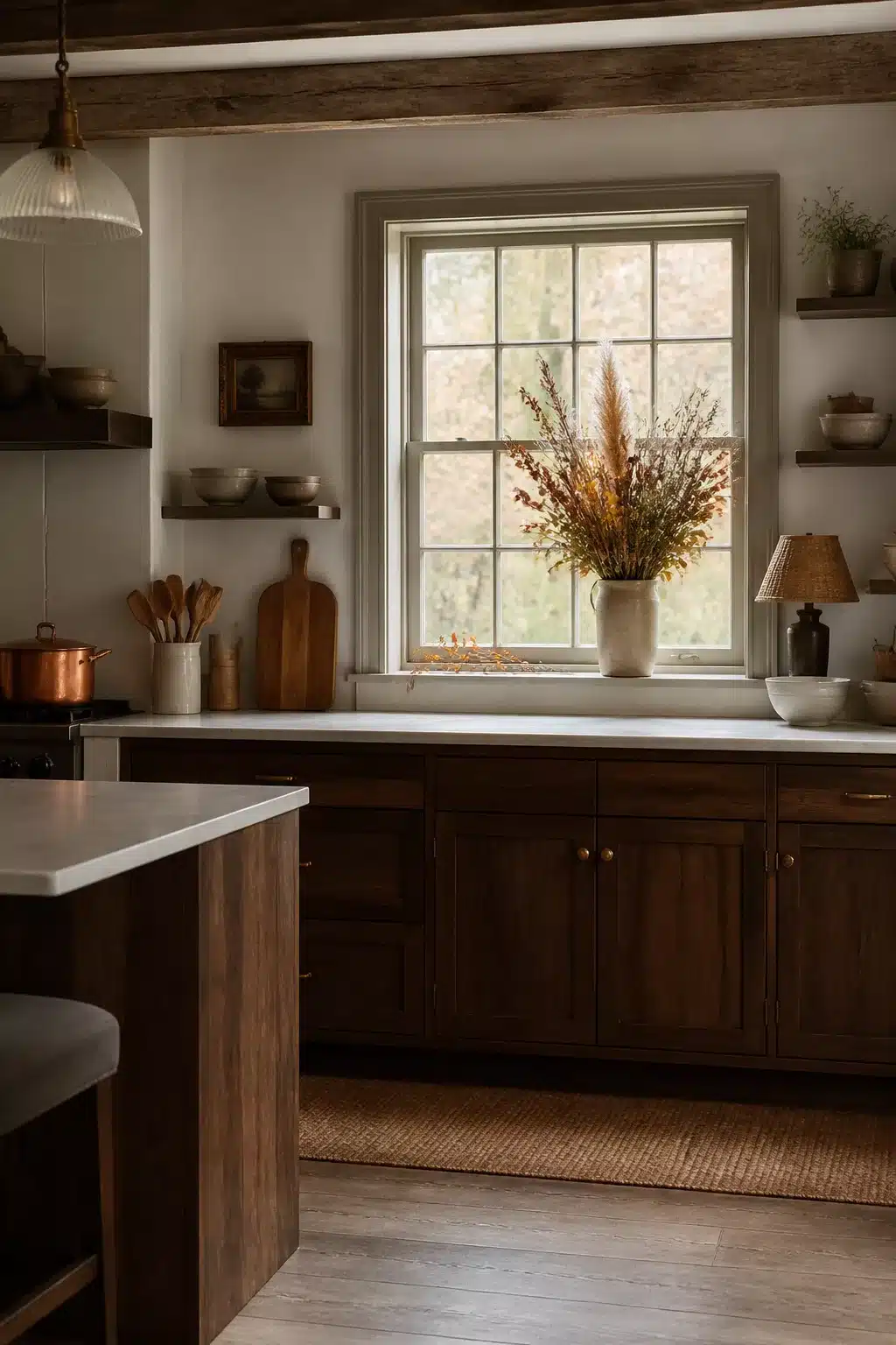 Fall kitchen window decor idea with dried wild grasses and seed heads in a stoneware vase, dark walnut cabinets.