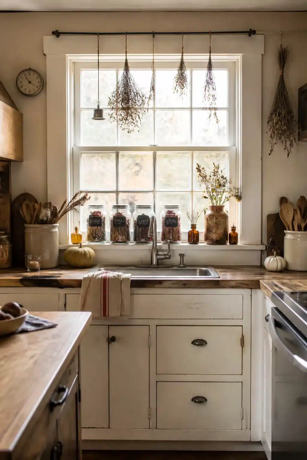 Fall kitchen window decor ideas with vintage canning jars on a butcher block sill and dried herbs hanging above.