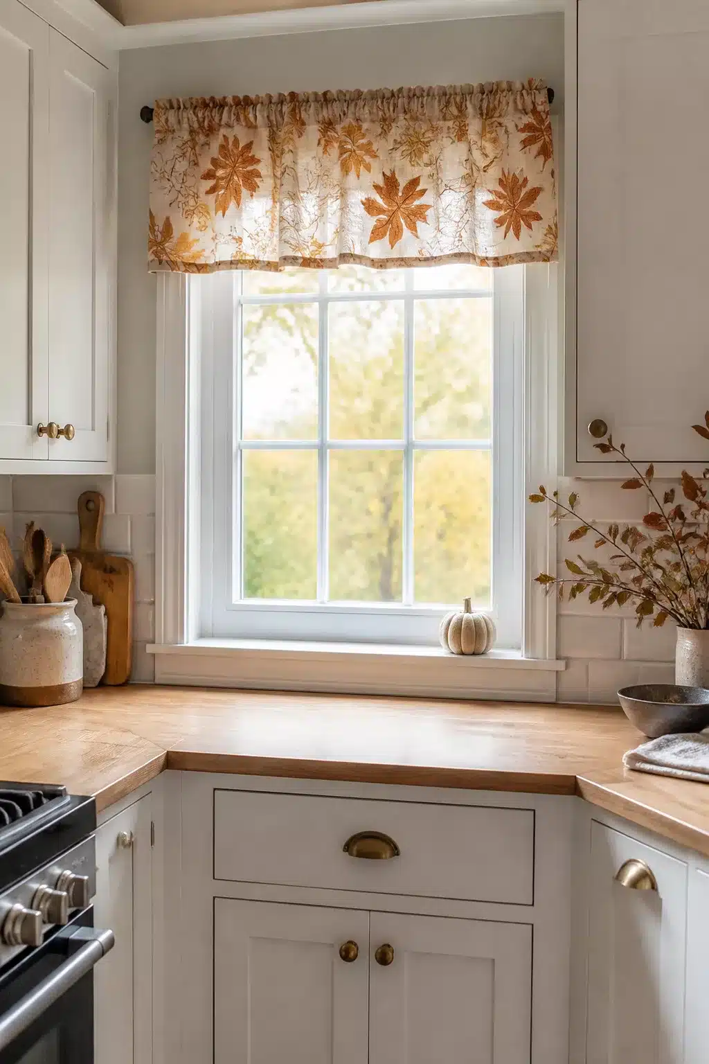 Sheer leaf-print linen valance over a white kitchen window — fall kitchen window decor ideas with butcher block counters