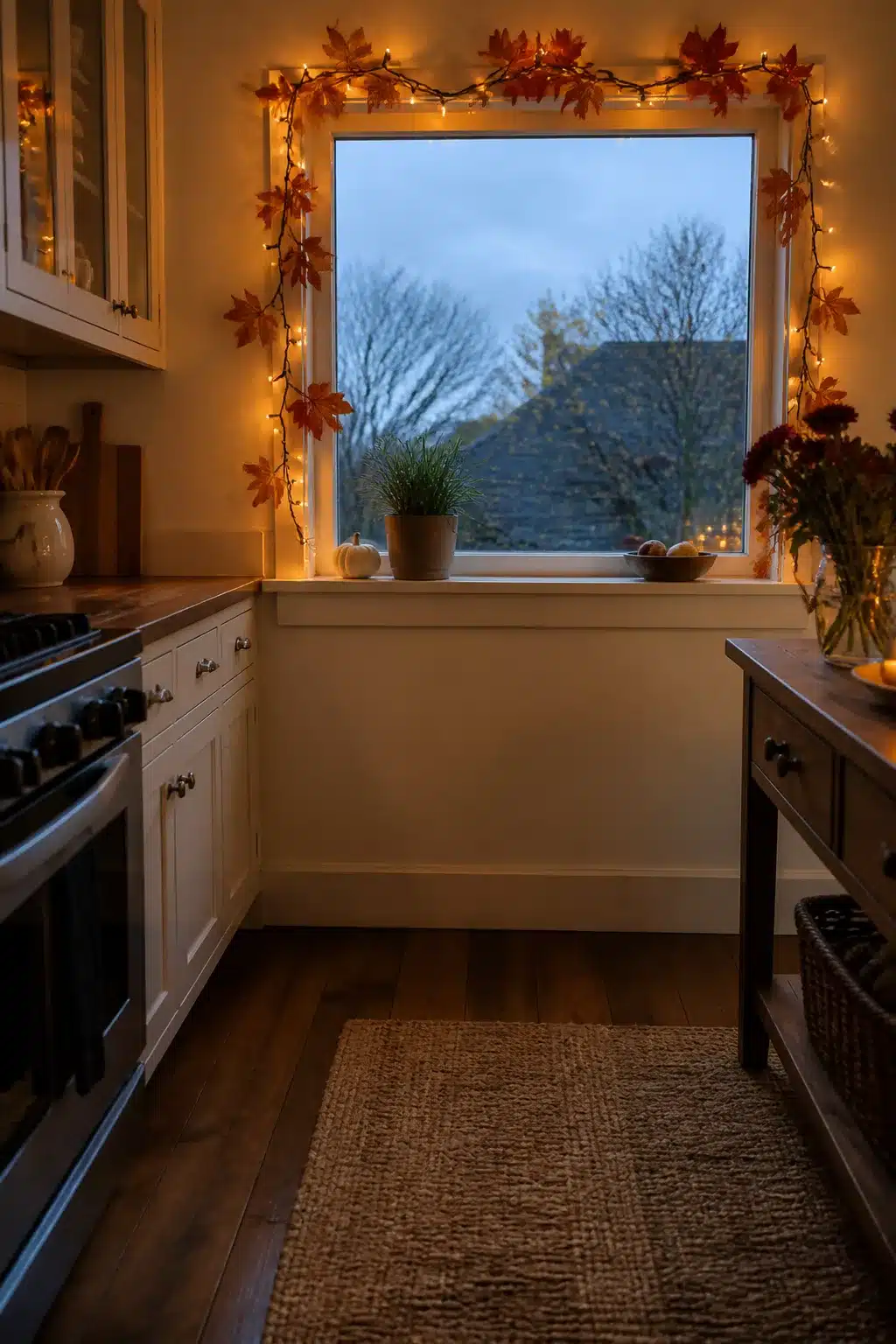 Fall kitchen window decor ideas with faux maple leaf garland and warm string lights framing a white cabinet kitchen window