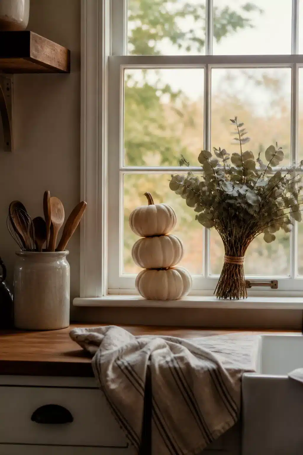 Stacked white mini pumpkins and dried eucalyptus on a kitchen windowsill — Fall Kitchen Window Decor Ideas