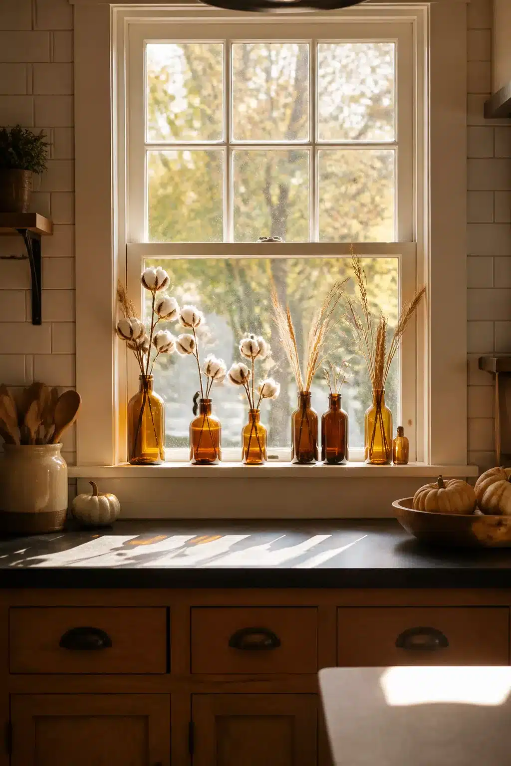 Amber glass bottles with cotton stems and dried grasses on a kitchen windowsill — fall kitchen window decor ideas