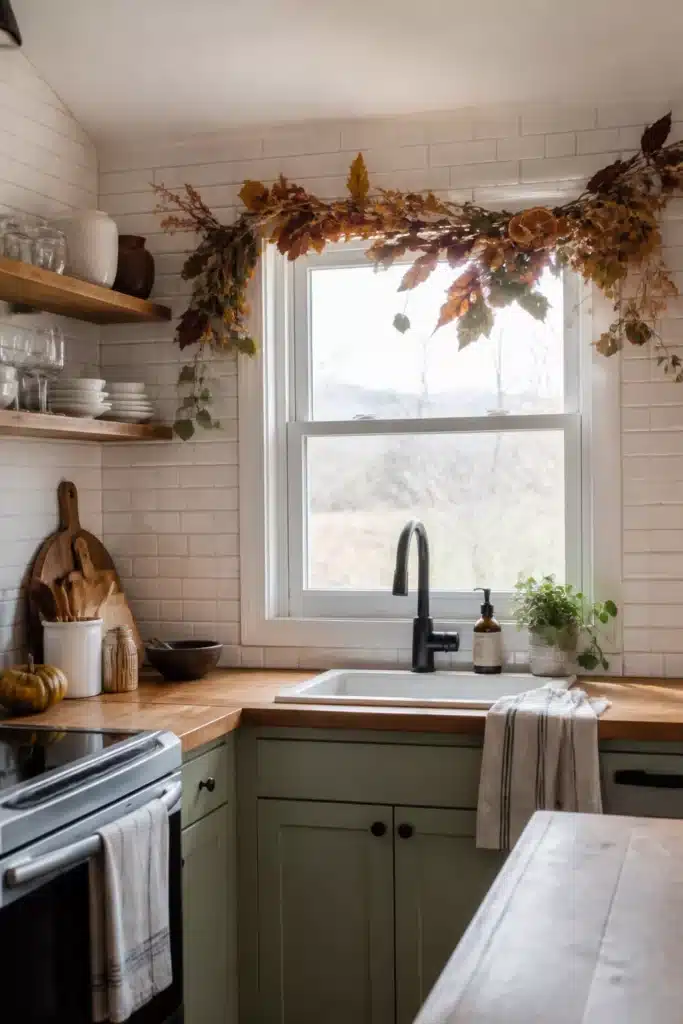 Dried leaf garland draped over kitchen window — fall kitchen window decor ideas with sage cabinets and subway tile.