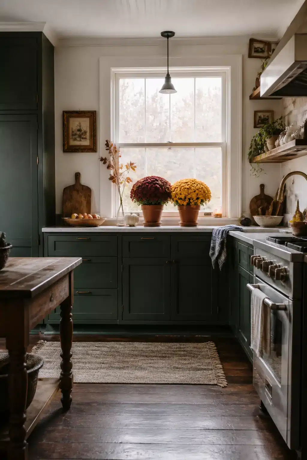 Fall kitchen window decor ideas with terra cotta potted burgundy and yellow mums on a green cabinet sill