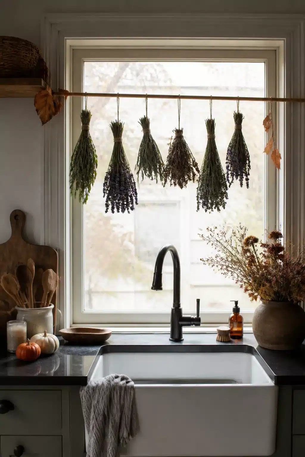 Dried herb bundles hanging over a farmhouse sink window — fall kitchen window decor ideas with lavender and copper rod.