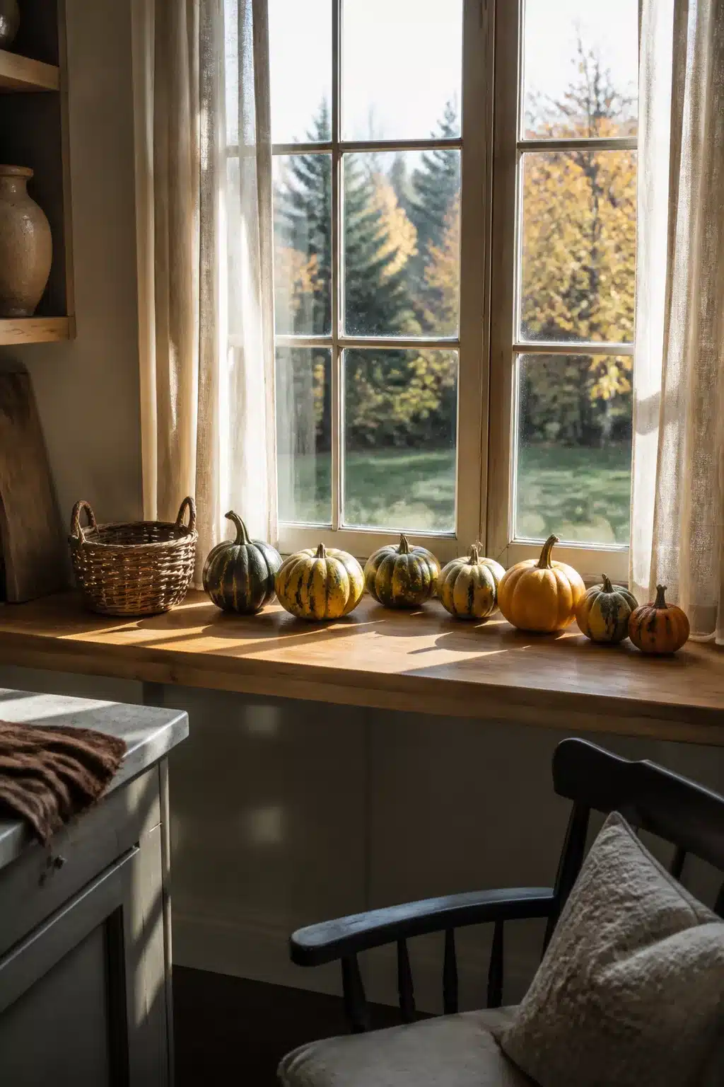 Heirloom gourd display on a sunny wooden kitchen windowsill — fall kitchen window decor ideas with natural variety.