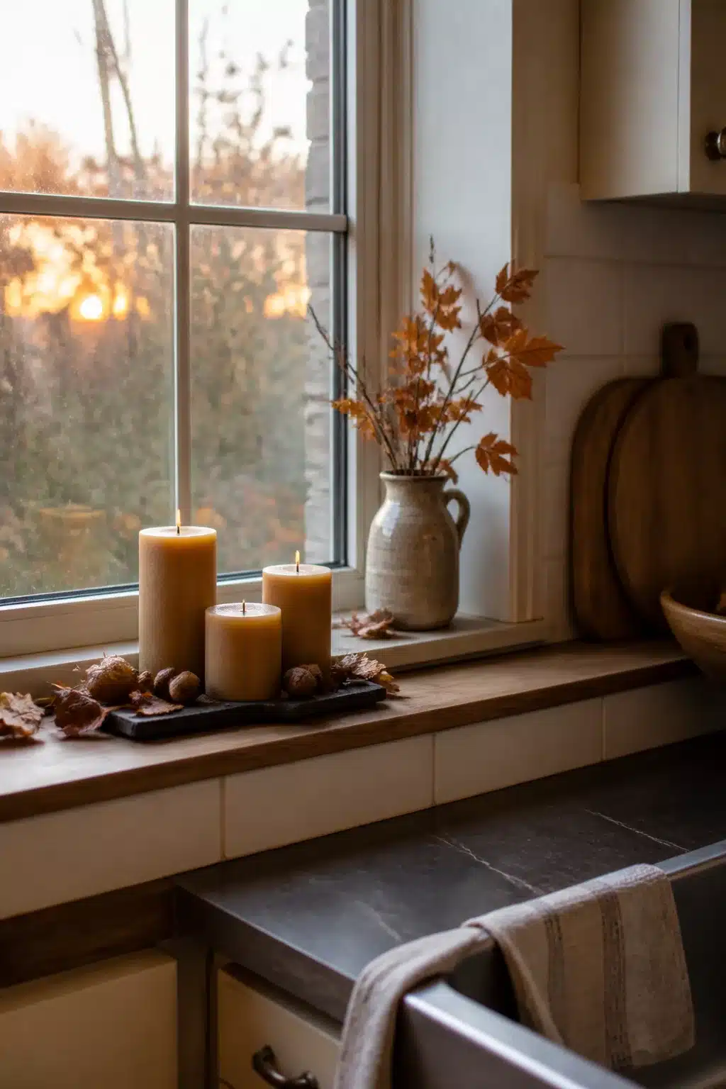Fall kitchen window decor ideas with pillar candles, acorns, dried leaves, and stoneware jug at sunset