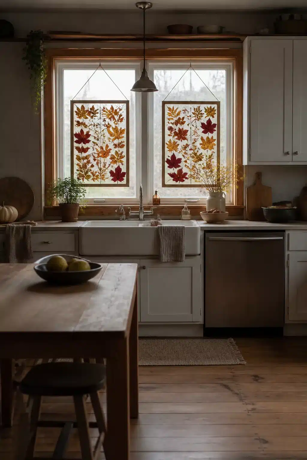 Pressed leaf hanging panels in amber and burgundy — fall kitchen window decor ideas with DIY stained glass effect