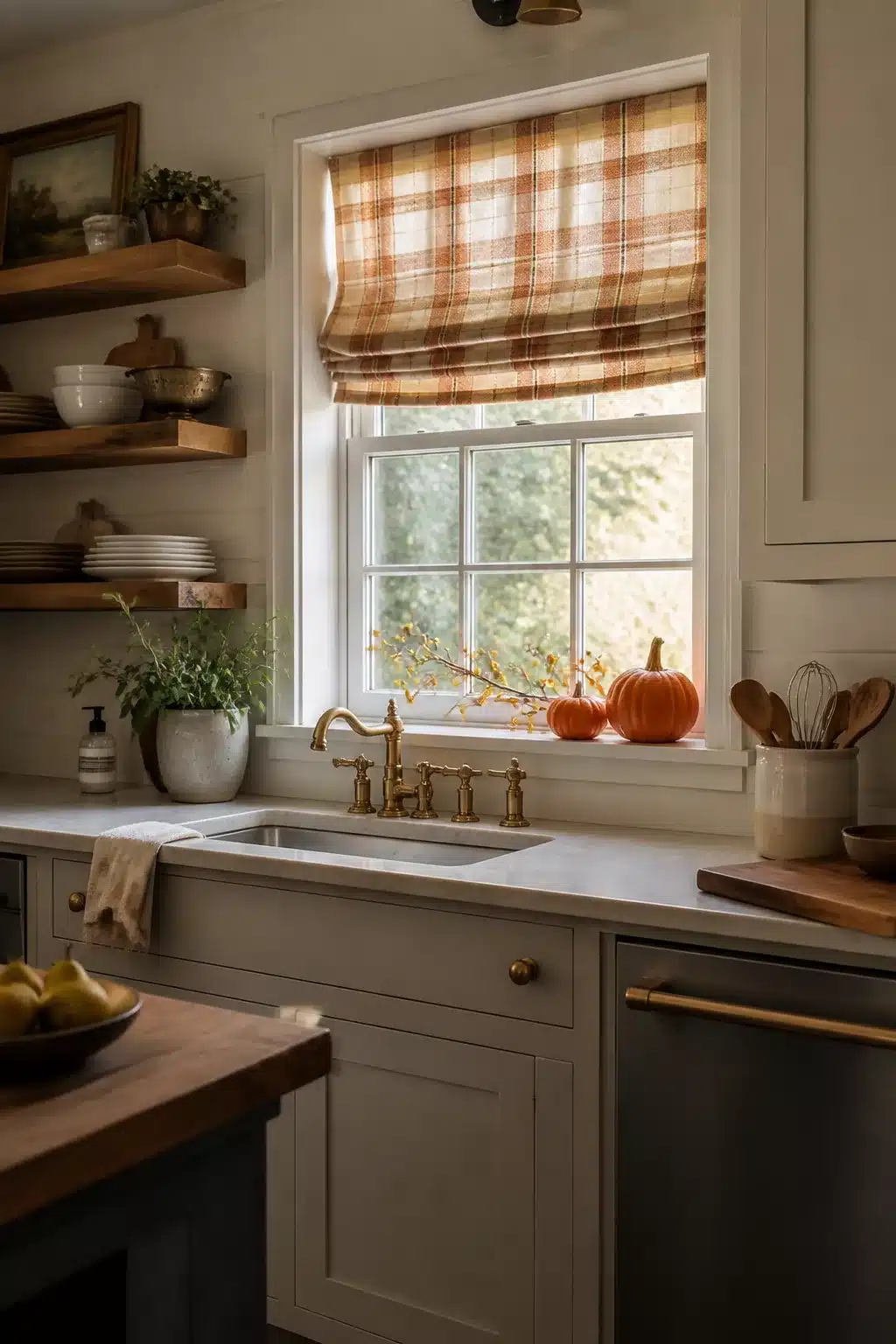 Fall kitchen window decor ideas with a plaid Roman shade, brass faucet, and orange pumpkins on the sill.