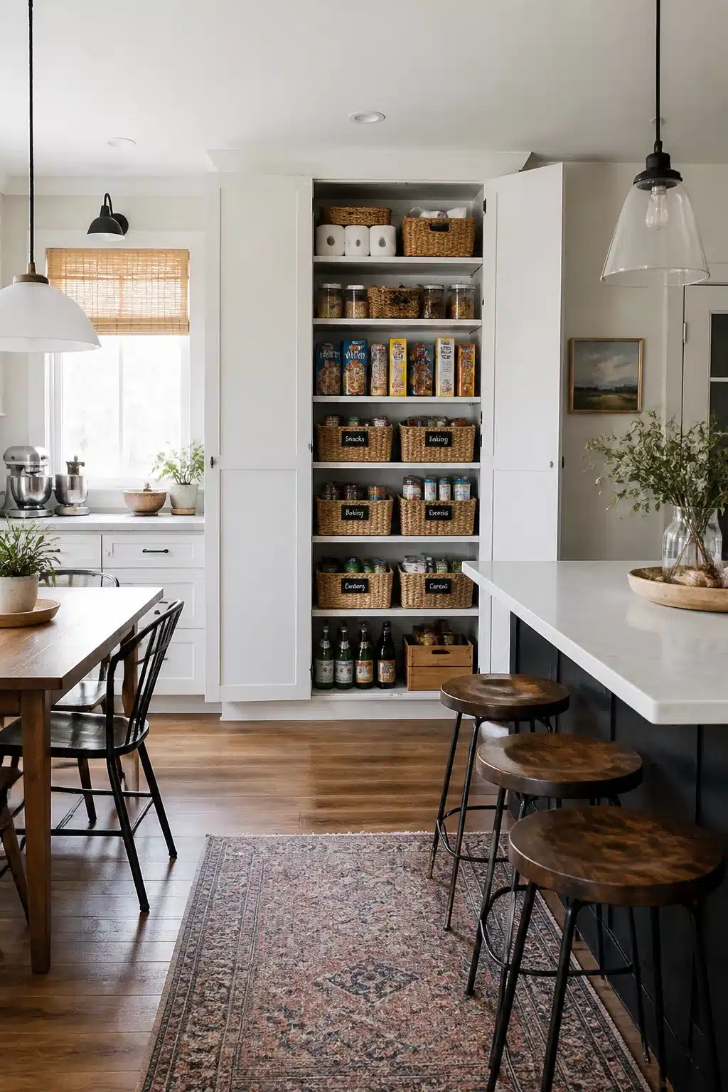 Organized floor-to-ceiling white pantry cabinet with wicker baskets and labeled shelves — family kitchen storage ideas
