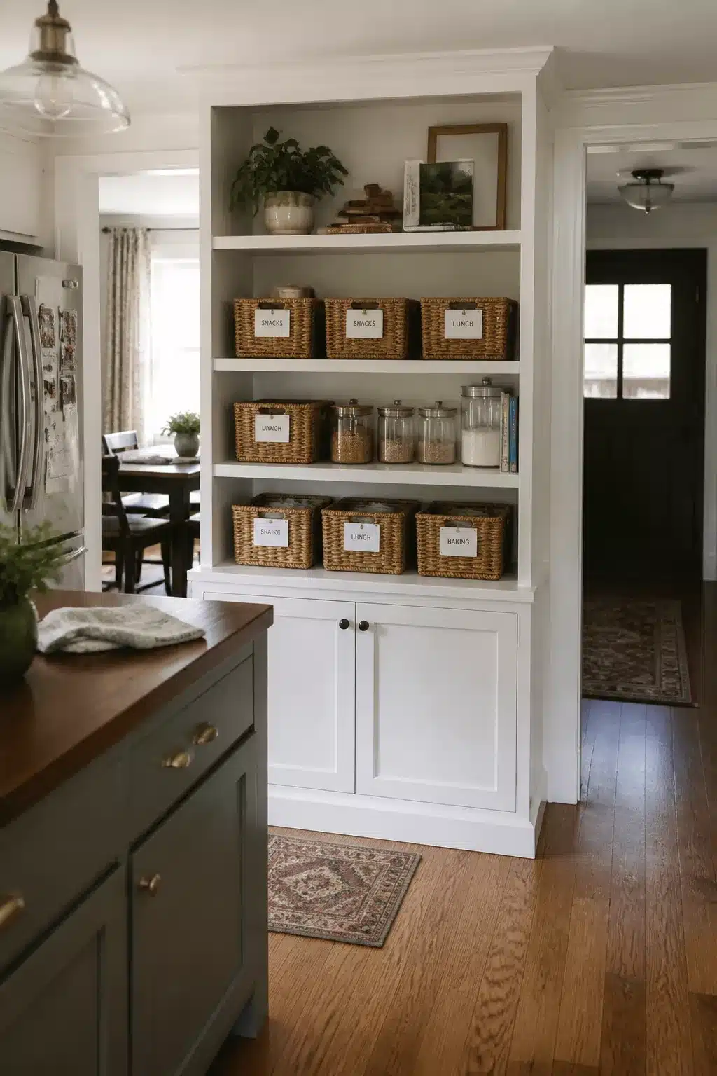 Labeled wicker basket shelf system — family kitchen storage ideas with organized open shelving and glass jars