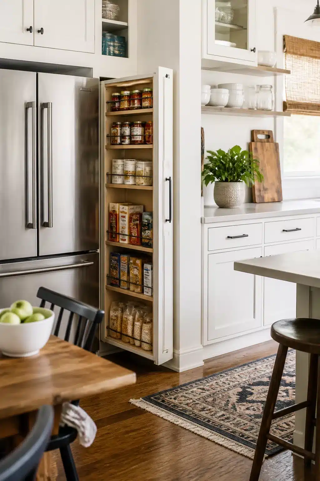 Slim pull-out pantry tower cabinet beside a stainless fridge — family kitchen storage ideas for tight spaces.