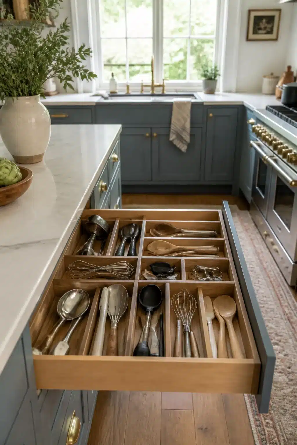 Open drawer with wood dividers organizing utensils in a blue family kitchen — family kitchen storage ideas