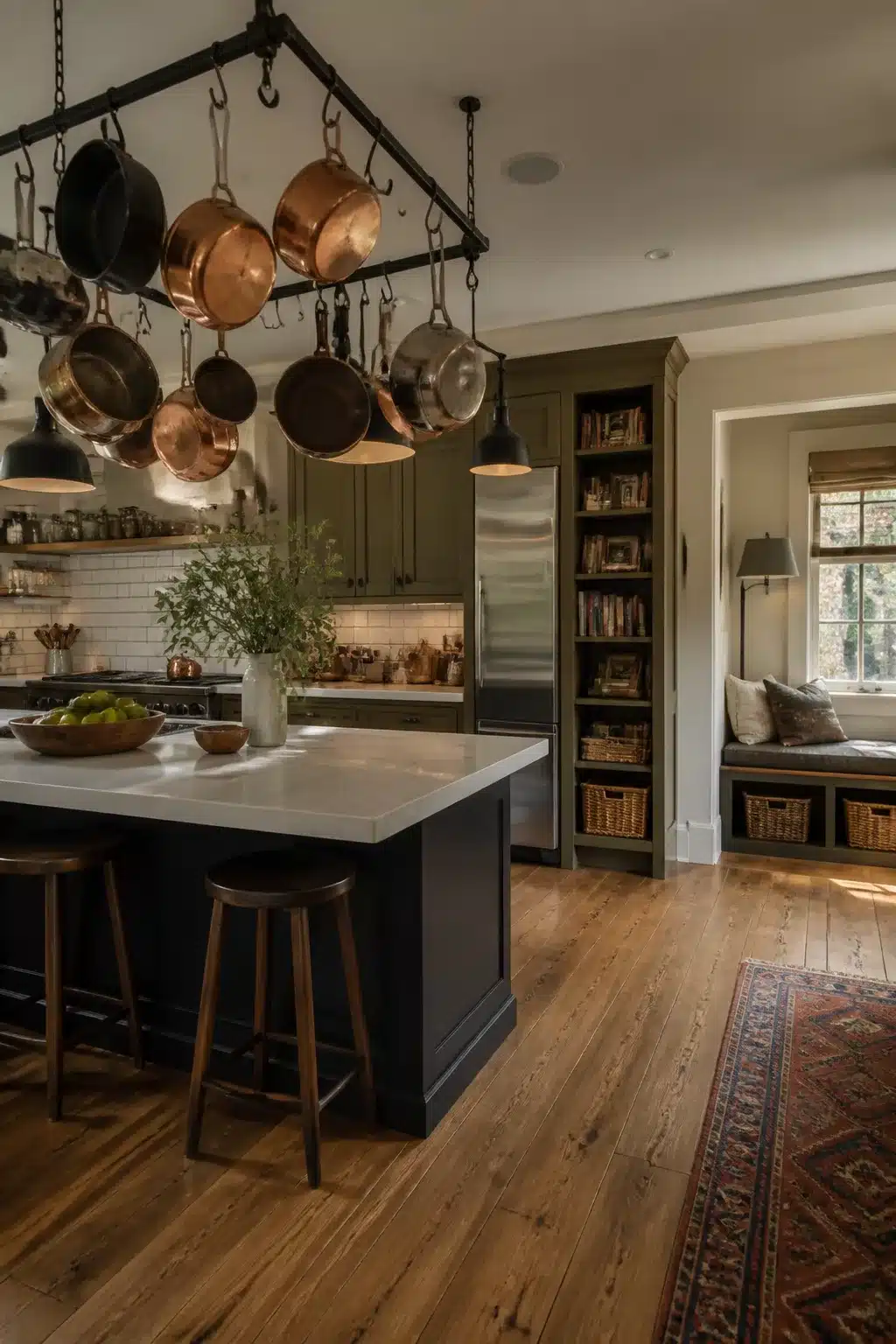 Black iron pot rail with copper pans hanging over dark kitchen island — family kitchen storage ideas