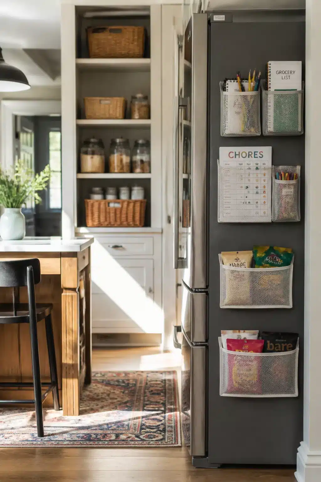 Magnetic mesh pockets on fridge side holding snacks and chore charts — family kitchen storage ideas