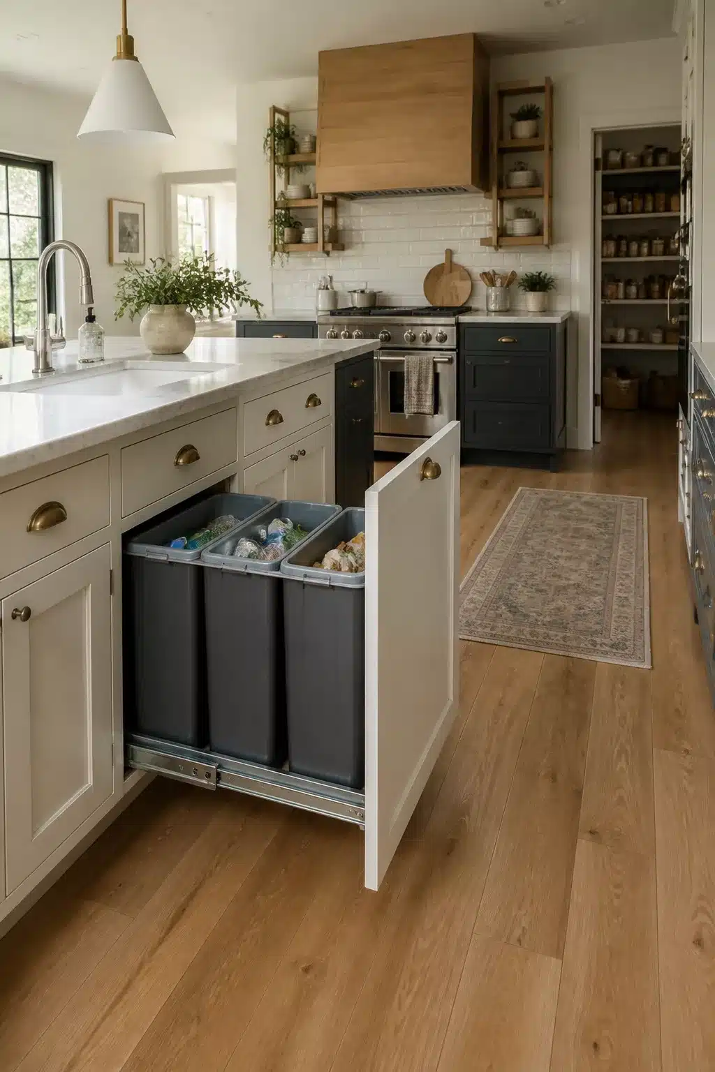 Triple-bin rollout recycling and trash drawer inside kitchen island — family kitchen storage ideas for organized waste sorting.