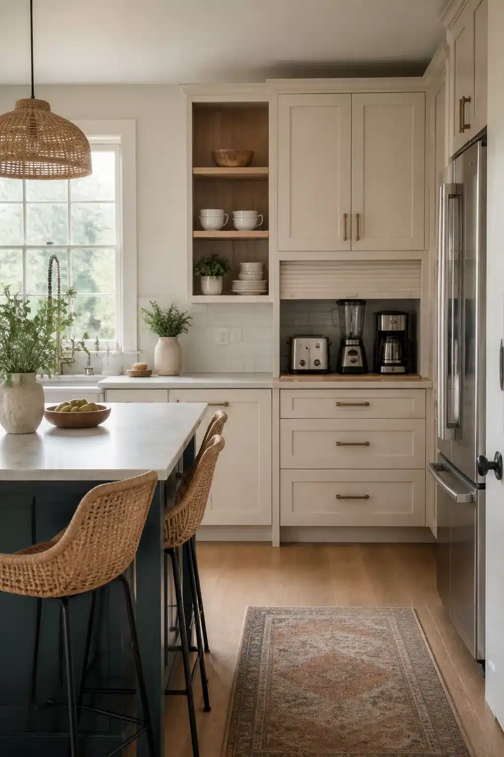 Cream shaker cabinet appliance garage with roller door — family kitchen storage ideas for a clutter-free countertop