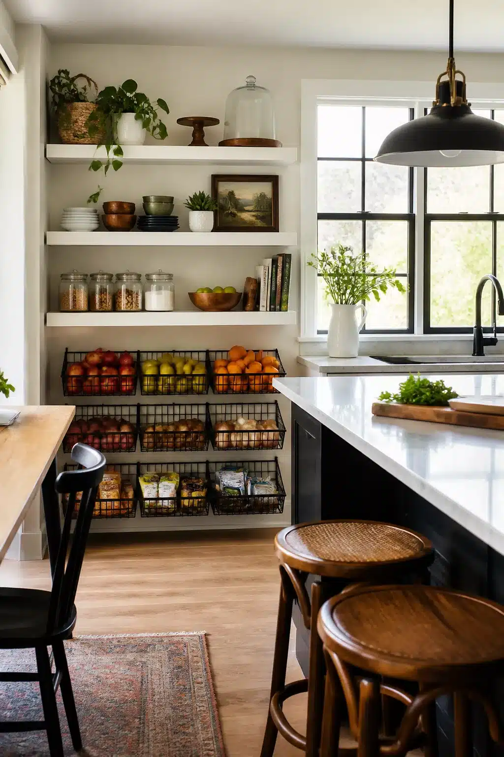 Family kitchen storage ideas using stacked wire bin baskets for produce and floating white shelves for jars and decor.
