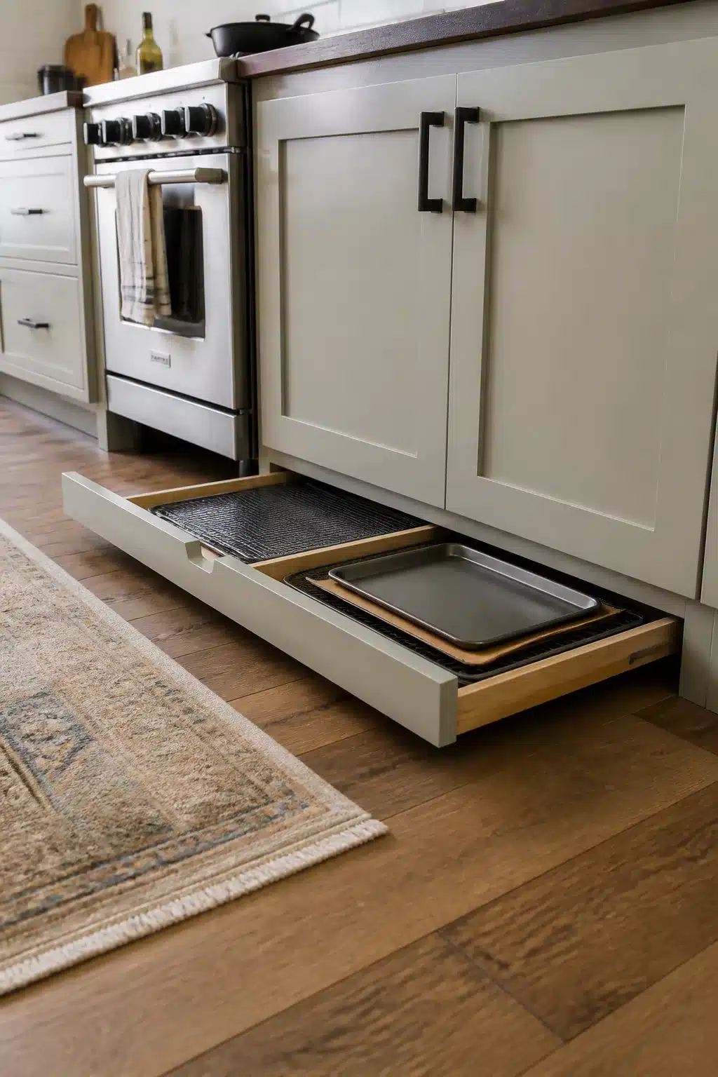 Toe-kick pull-out drawer storing baking sheets in a sage green family kitchen — smart family kitchen storage idea