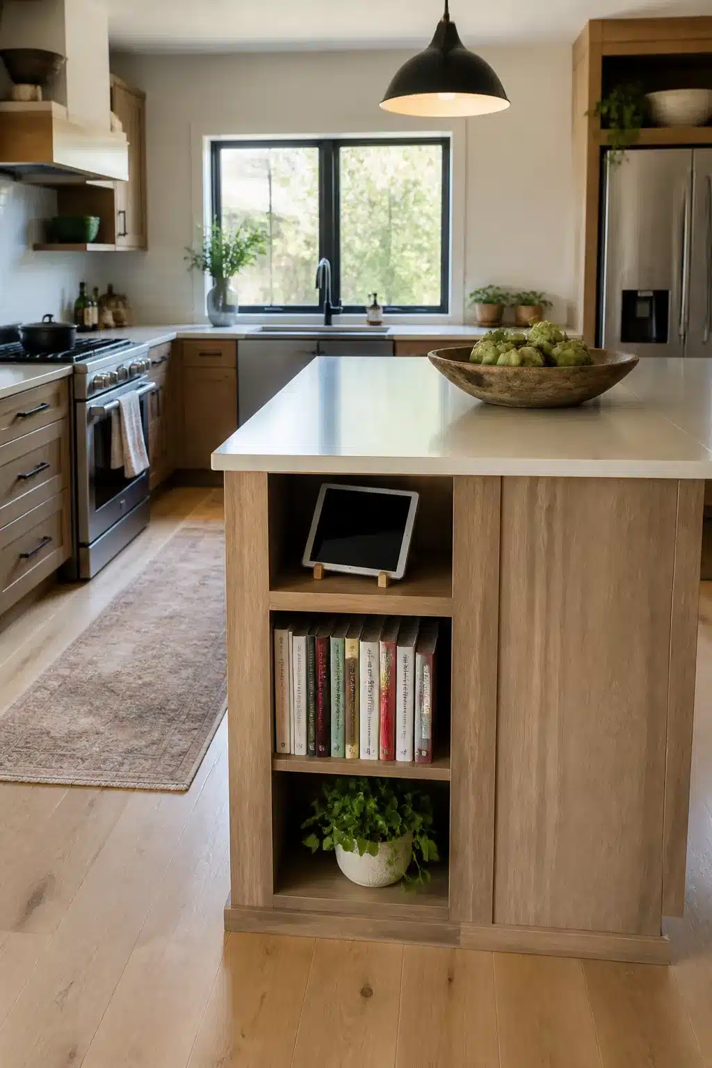 Light oak kitchen island with built-in bookshelf end storing cookbooks and tablet — family kitchen storage ideas
