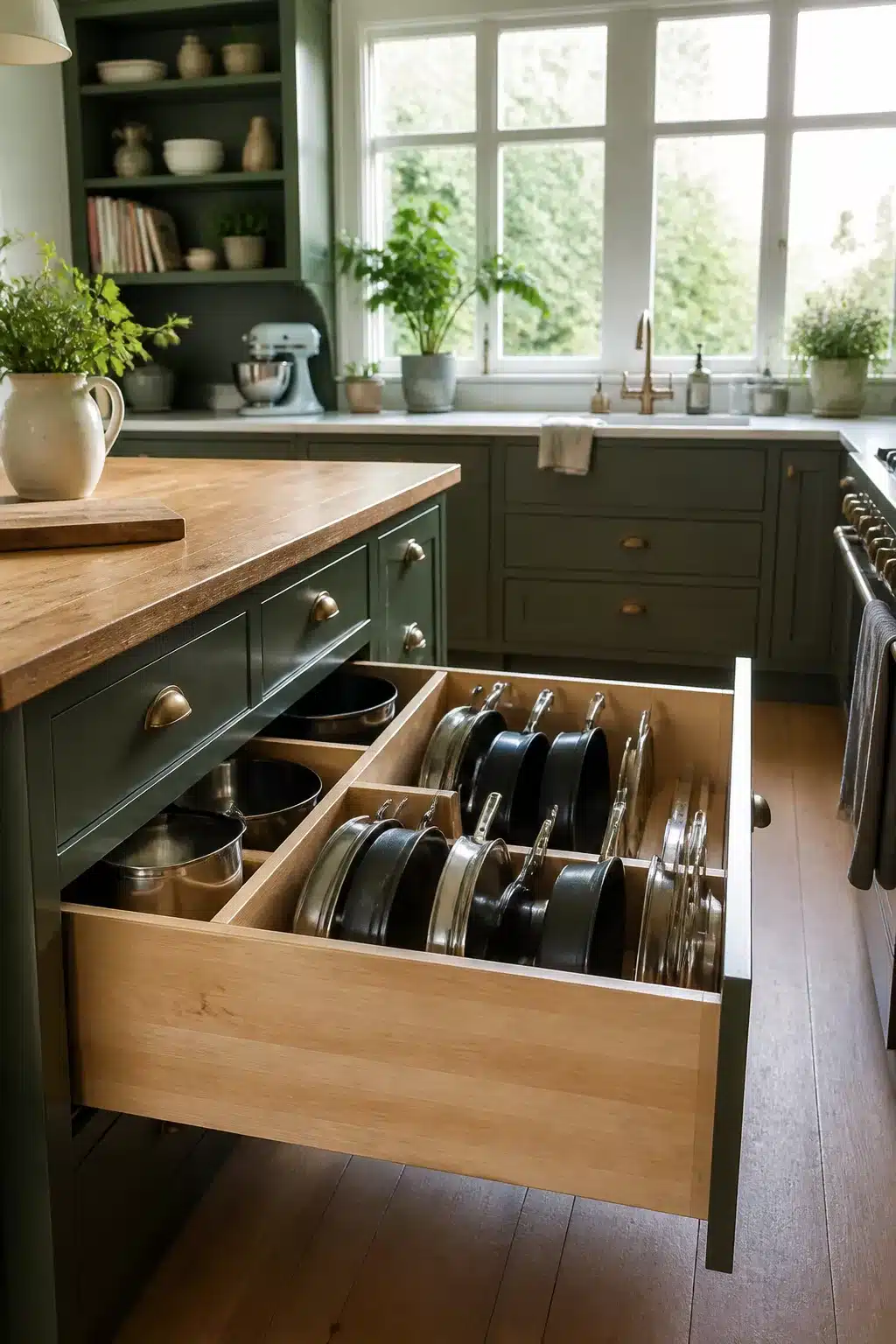 Deep drawer pot storage with vertical dividers in a green family kitchen — smart Family Kitchen Storage Ideas