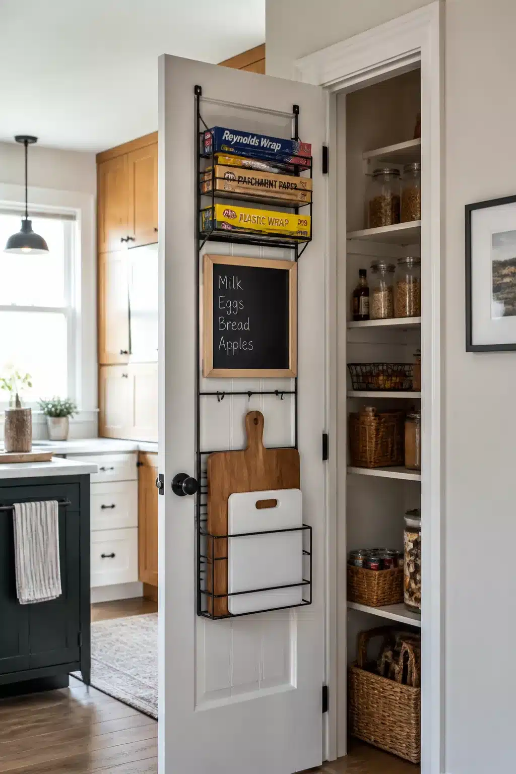 Black wire over-door rack with chalkboard and cutting board storage — family kitchen storage ideas for pantry doors