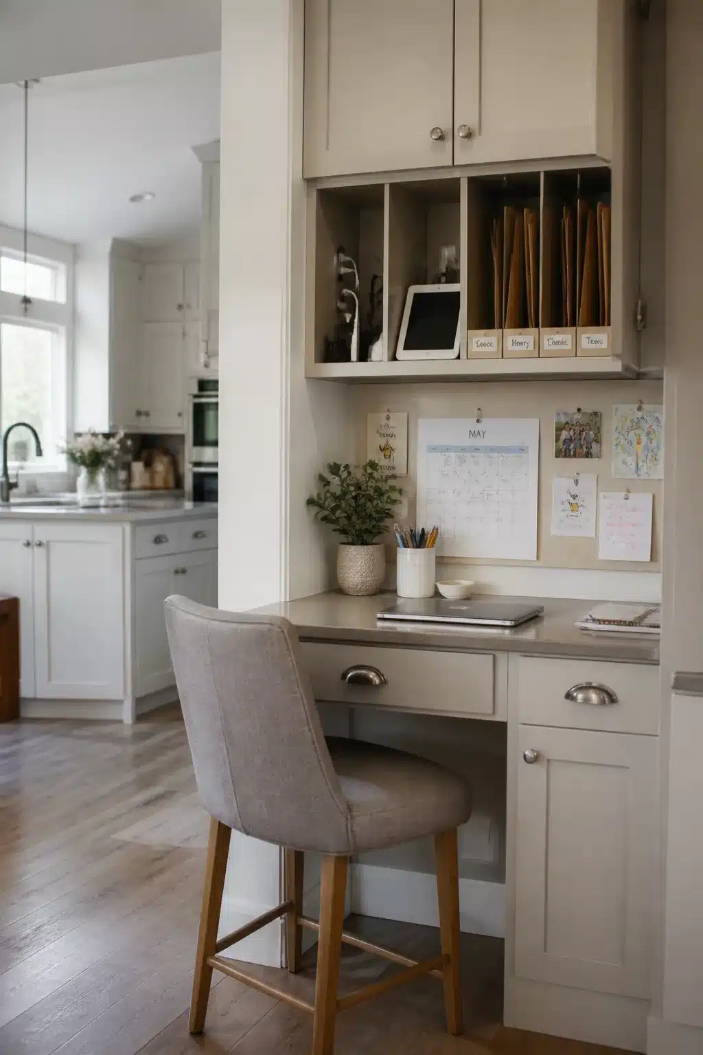 Built-in kitchen desk nook with cubbied upper cabinet — family kitchen storage ideas for homework and charging