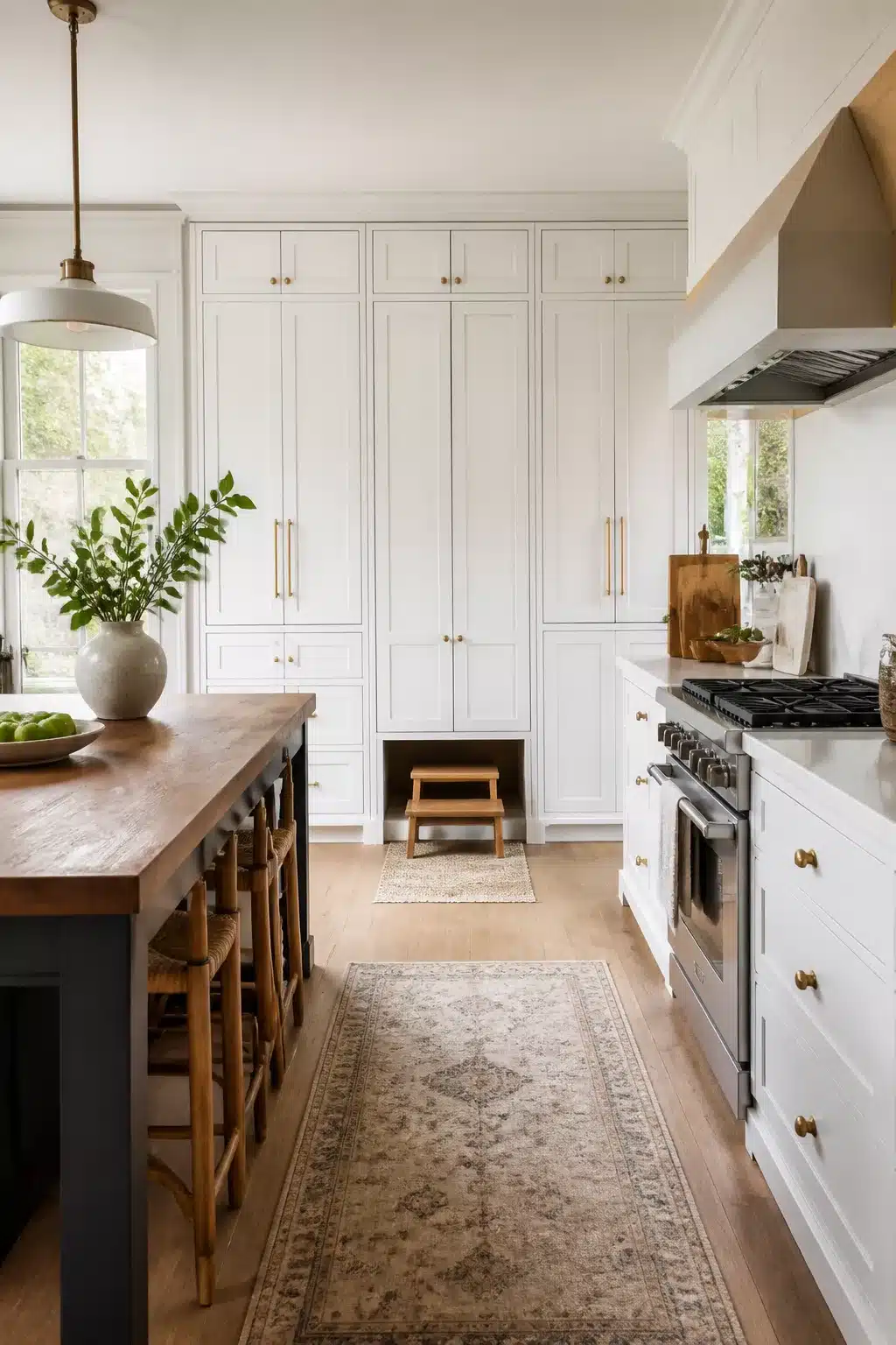 Family kitchen storage ideas with ceiling-height white shaker cabinets, brass hardware, and a built-in step stool nook