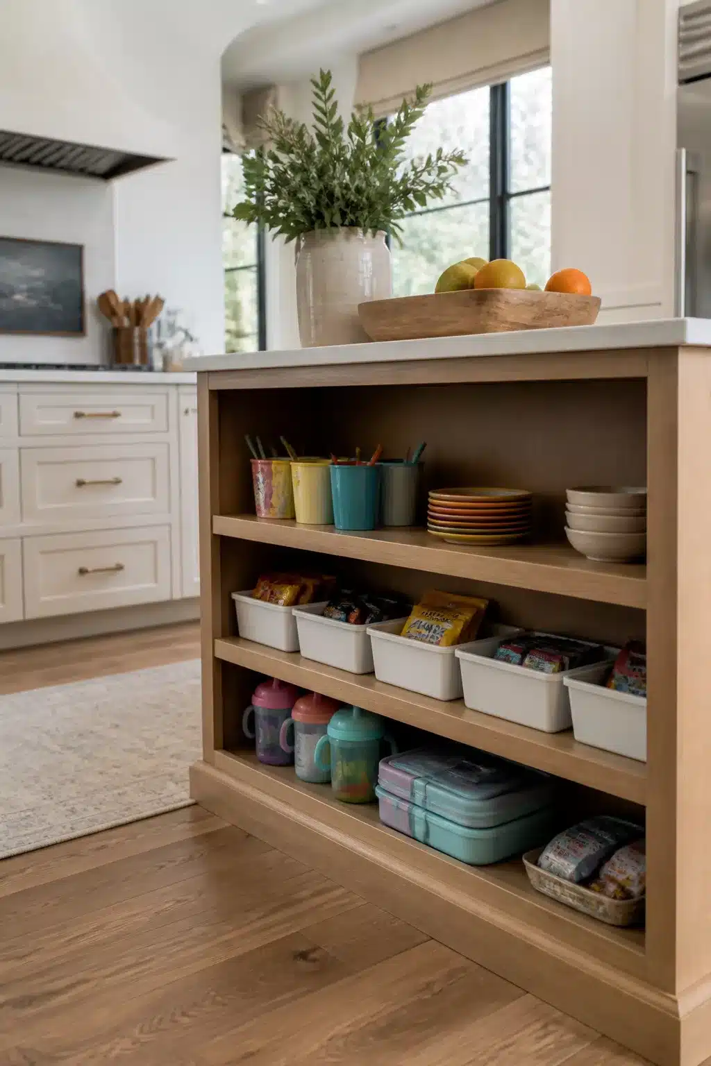 Oak kitchen island end with open lower shelves storing kids' cups, snack bins, and lunch boxes — family kitchen storage ideas