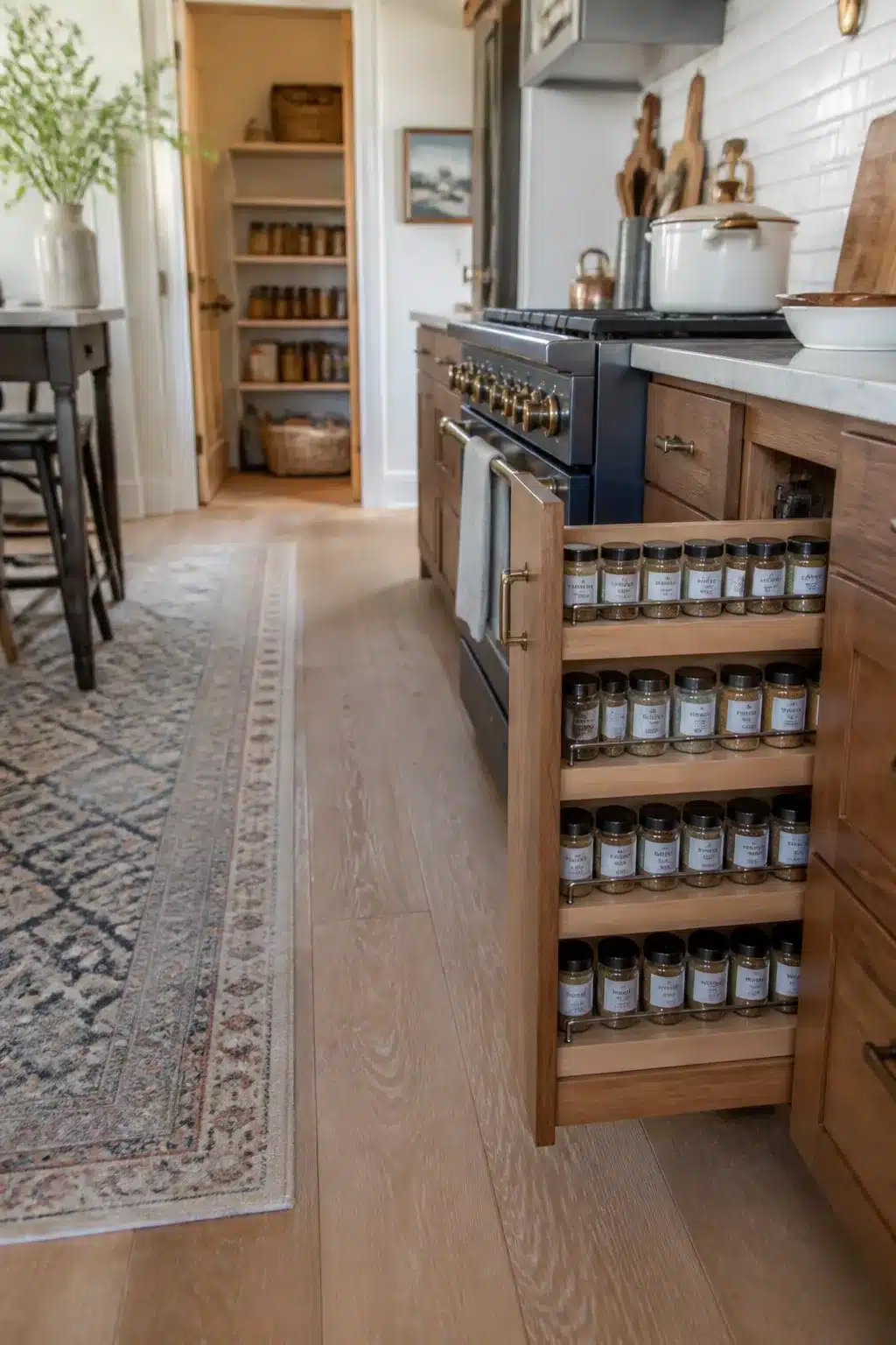 Walnut pull-out spice rack drawer beside a range — family kitchen storage ideas for organized cooking spaces