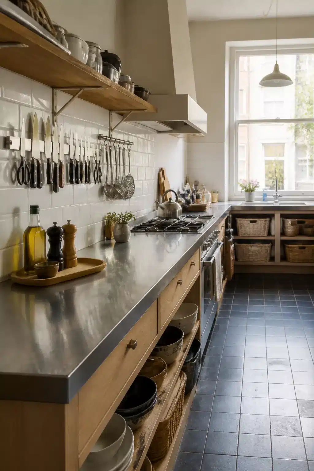 Family kitchen storage ideas: magnetic knife strip on white subway tile with oak cabinets and stainless countertop