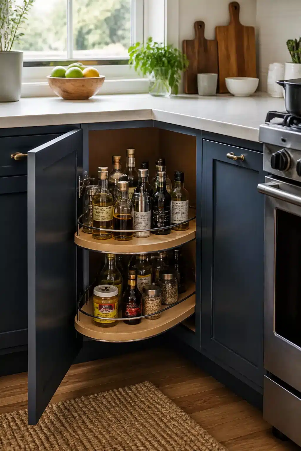 Navy corner cabinet with two-tier lazy Susan storing oils and jars — family kitchen storage ideas
