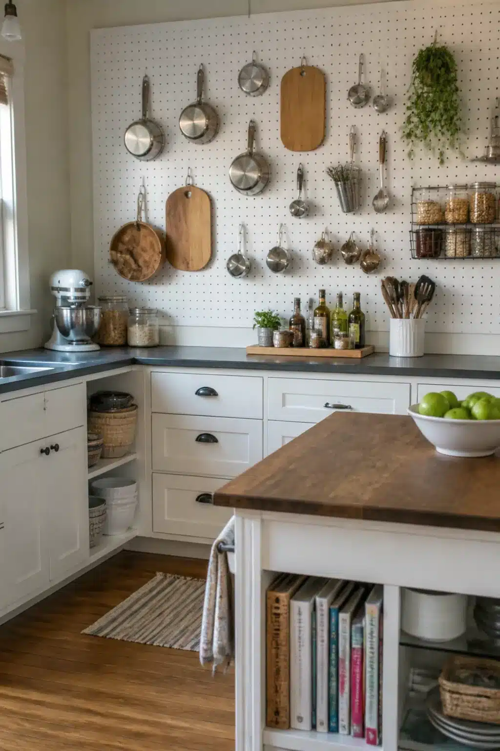 White pegboard wall with hanging pans and baskets — smart family kitchen storage ideas for an organized cook space
