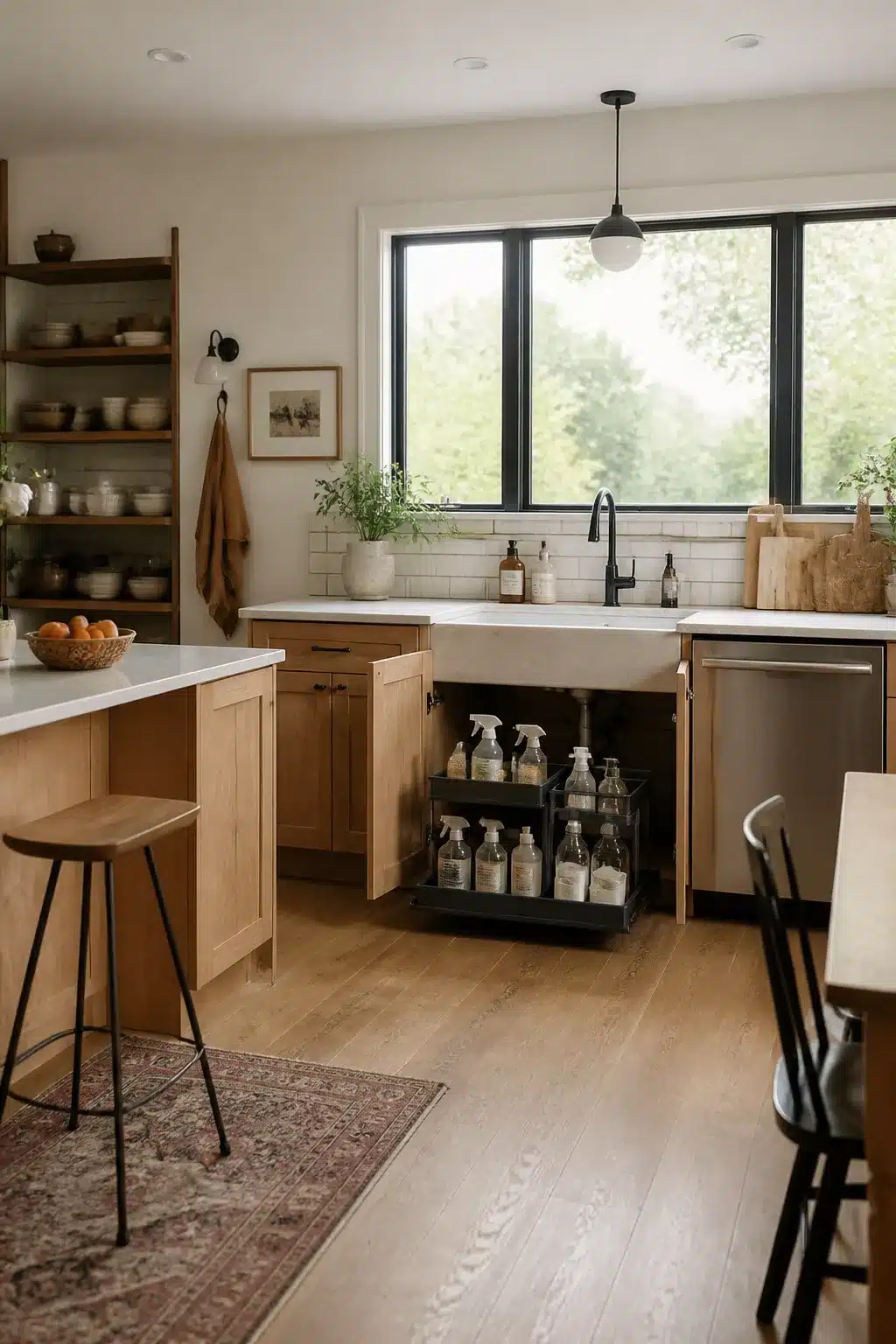 Black pull-out under-sink organizer in a light oak family kitchen — smart family kitchen storage ideas