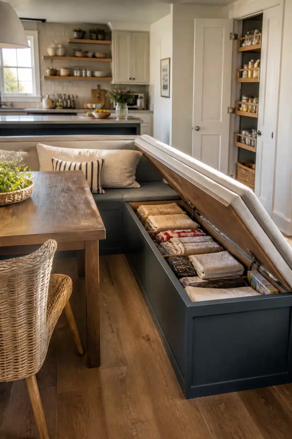 Navy lift-top banquette bench with blanket storage in a family kitchen — smart family kitchen storage ideas
