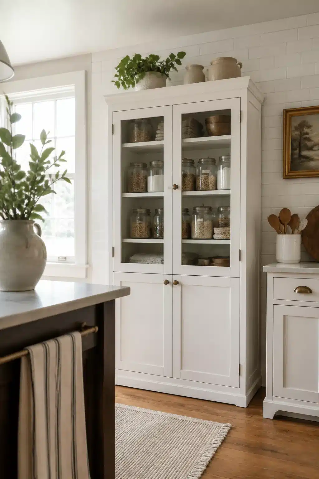 Freestanding kitchen pantry ideas — classic white Shaker glass-door pantry tower with mason jar dry goods storage