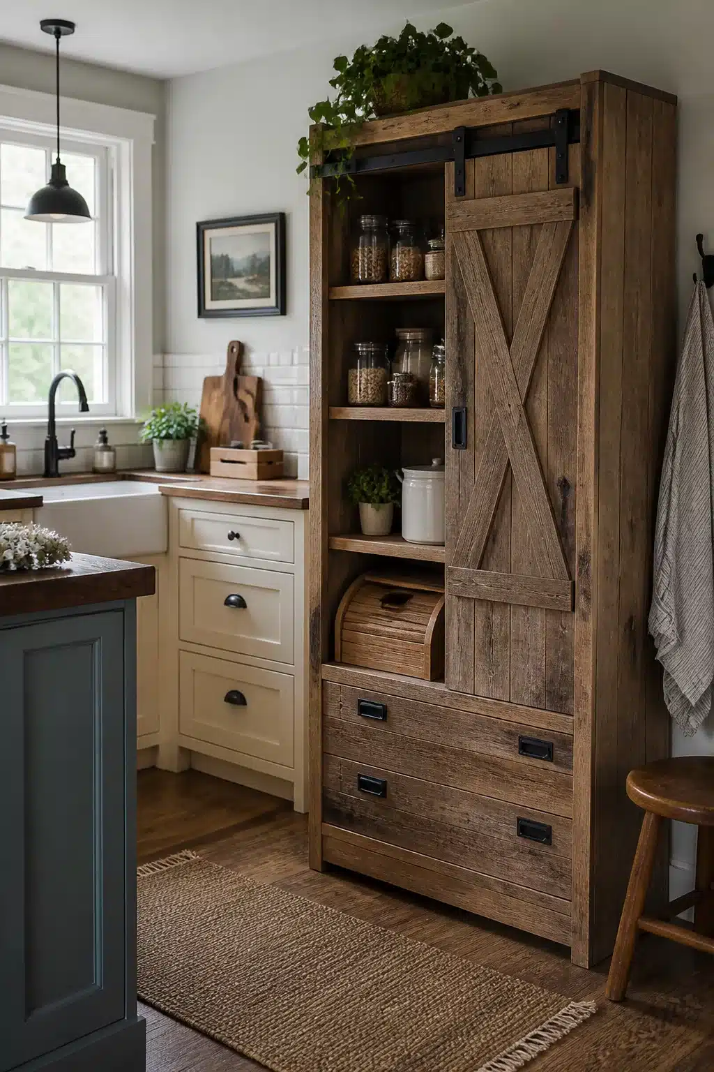 Reclaimed barnwood freestanding kitchen pantry with sliding barn door and open shelving — freestanding kitchen pantry ideas