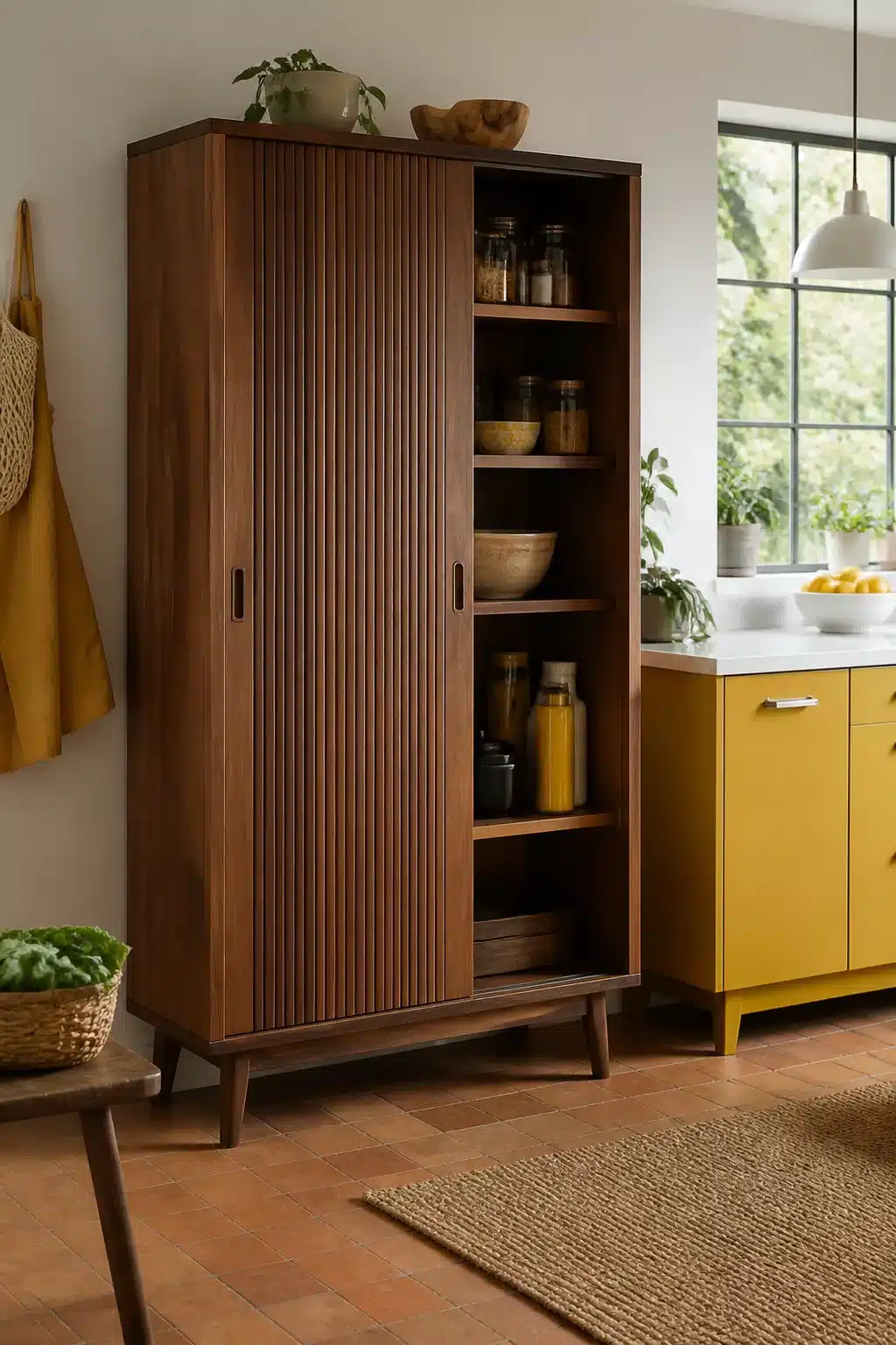Mid-century walnut freestanding kitchen pantry ideas with tambour sliding doors and tapered legs