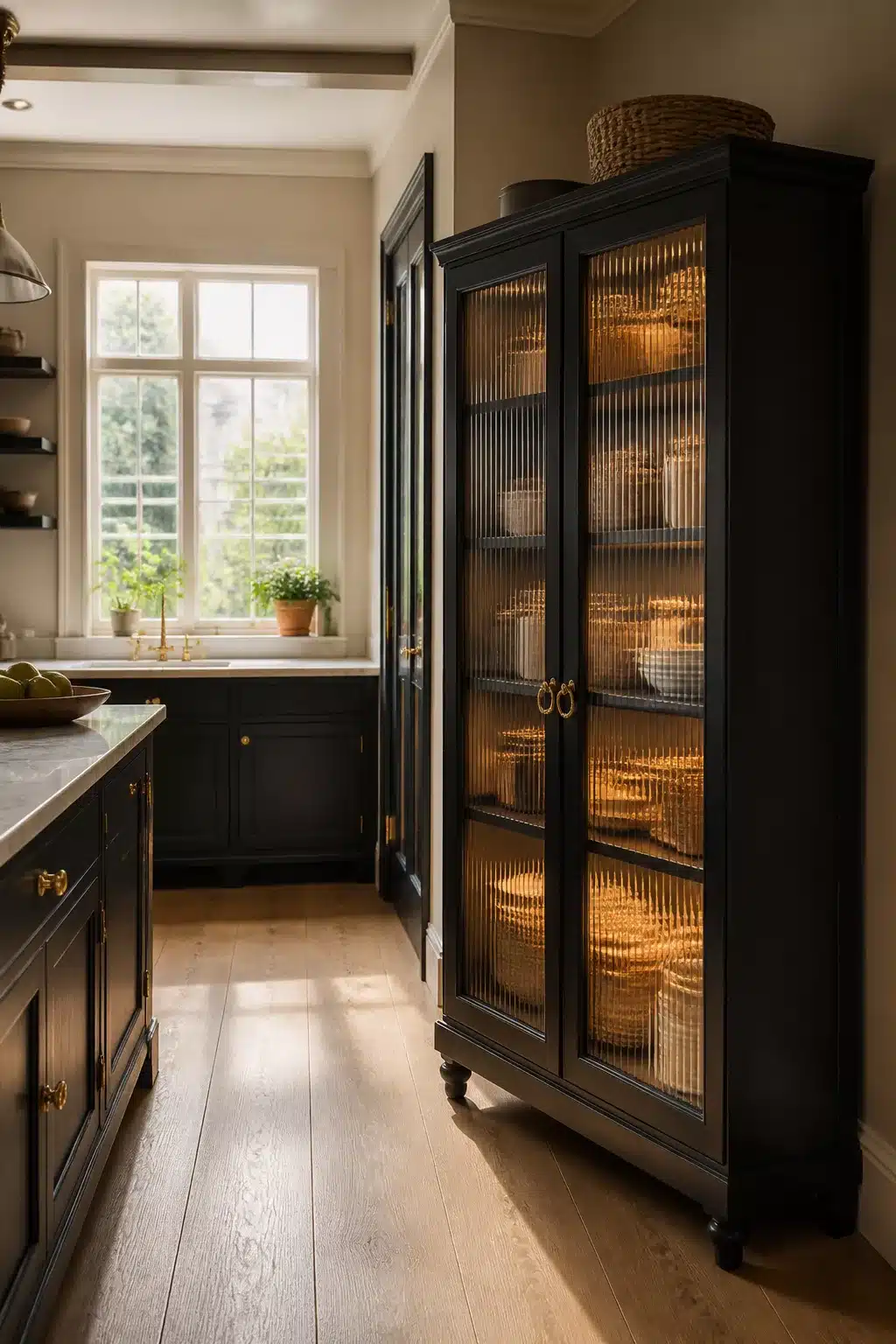 Matte black freestanding kitchen pantry with reeded glass doors, brass ring pulls, and warm interior glow