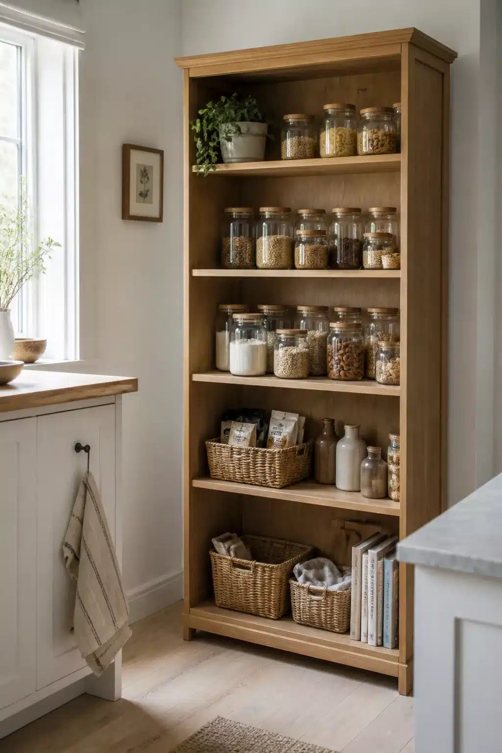 Oak bookcase repurposed as a freestanding kitchen pantry with glass jars and wicker baskets — freestanding kitchen pantry ideas