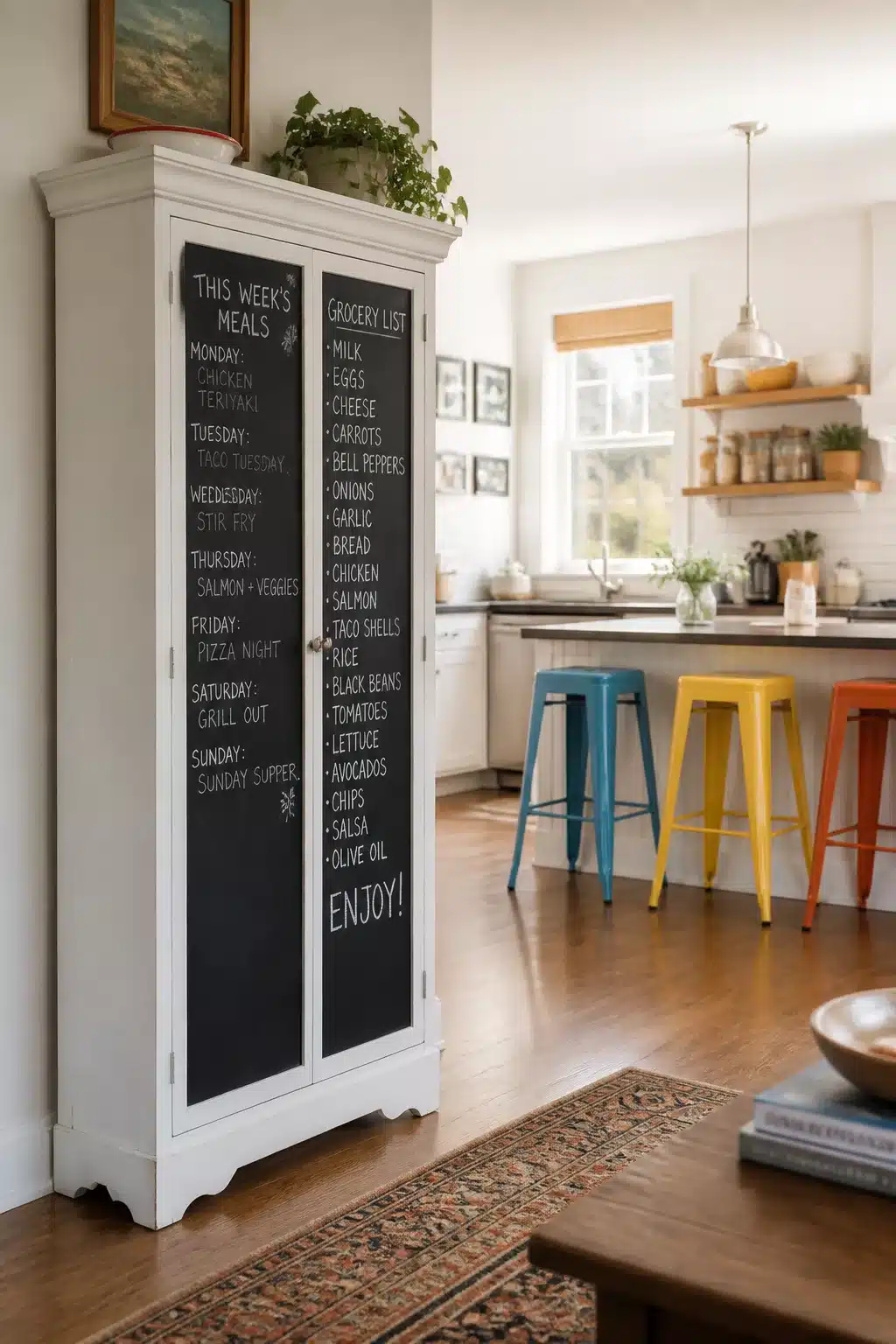 White freestanding kitchen pantry cabinet with chalkboard doors showing meal plan and grocery list — freestanding kitchen pantry ideas